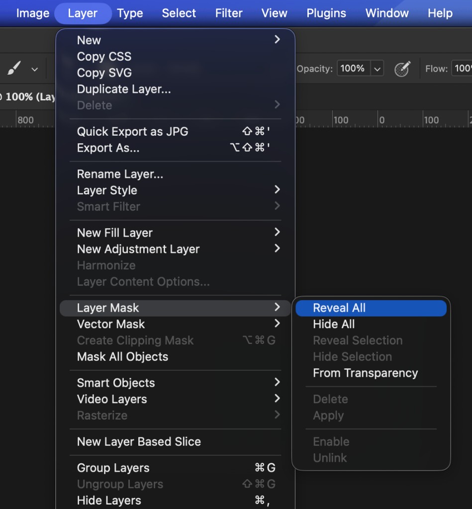 Adobe Photoshop Layer menu with Layer Mask submenu open, Reveal All highlighted, showing the nested path to add a layer mask